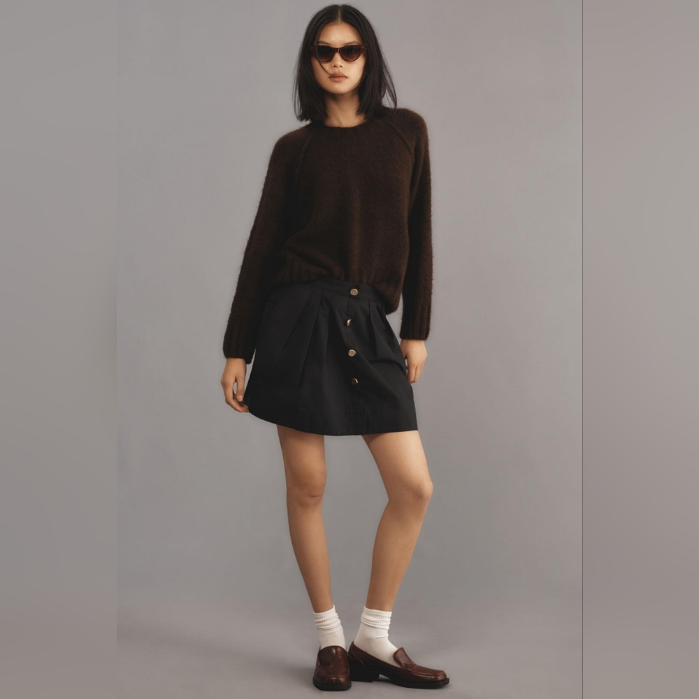 By Anthropologie Black Cotton Mini Skirt Sz L NWT Classic Preppy Fall